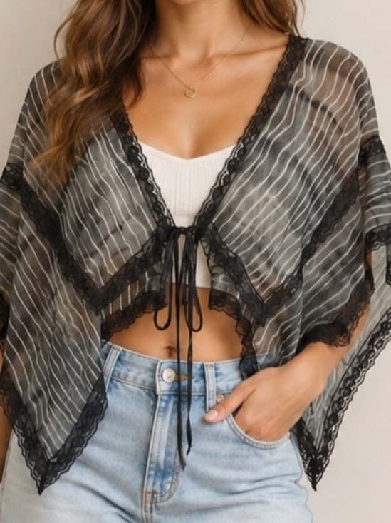 Daytrip Tops - Daytrip Sheer Lace Trim Kimono Top Gray Black Striped Bohoemian Festival Sz Sm